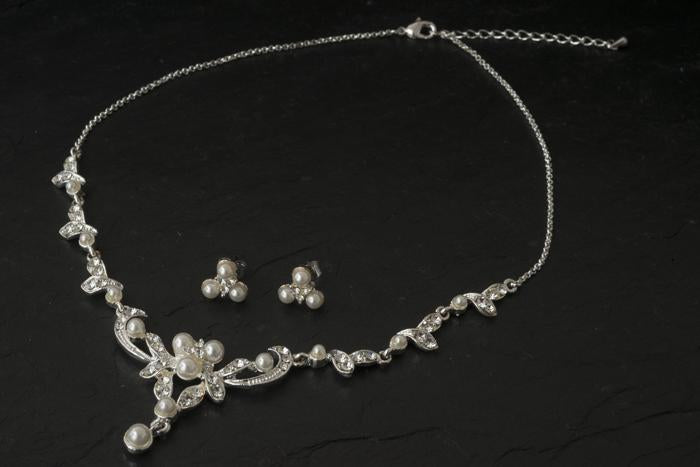 Pearl and Diamond Tear Drop Necklace and Earrings