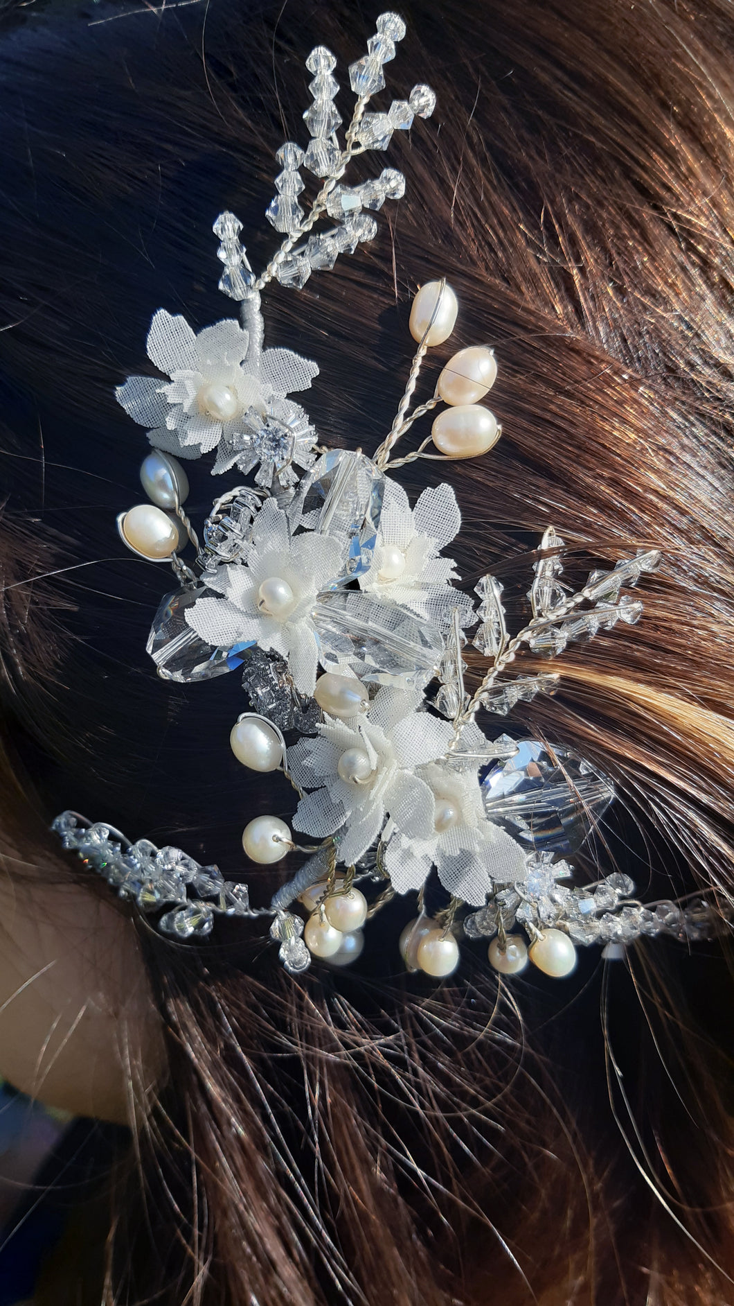 Large crystal, pearl and fabric flower comb.